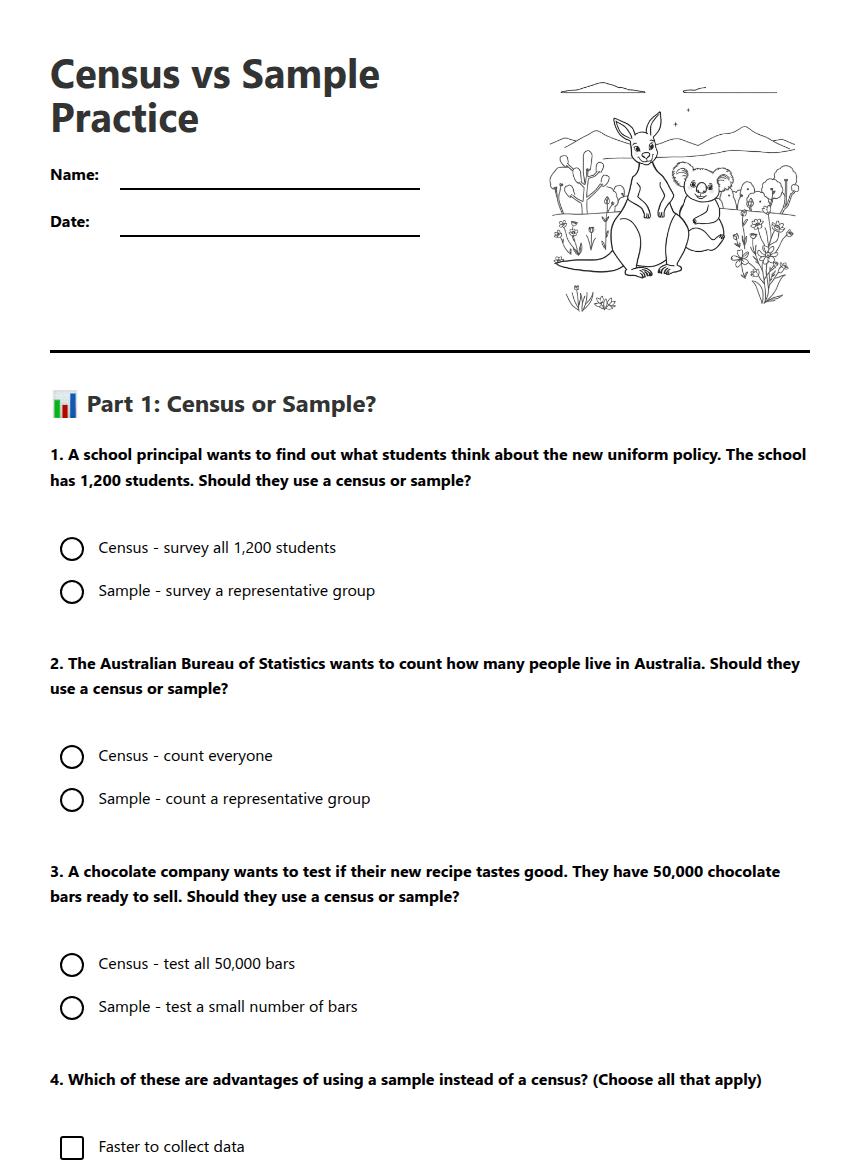 Census vs Sample Practice worksheet preview