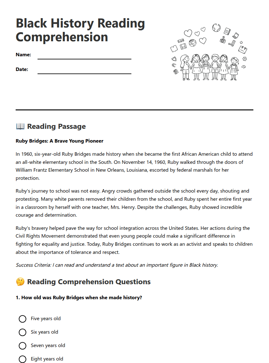 Black History Reading Comprehension worksheet preview