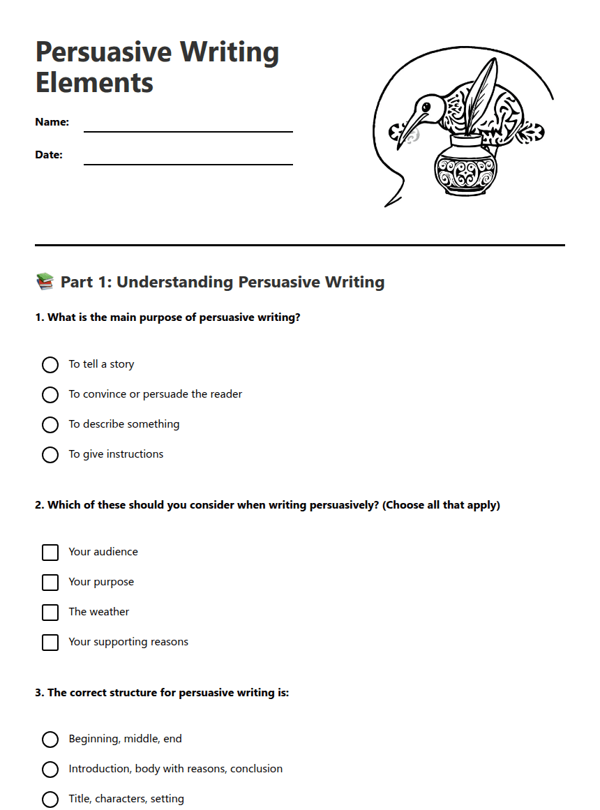 Persuasive Writing Elements worksheet preview