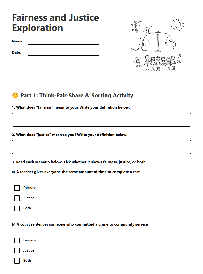 Fairness and Justice Exploration worksheet preview