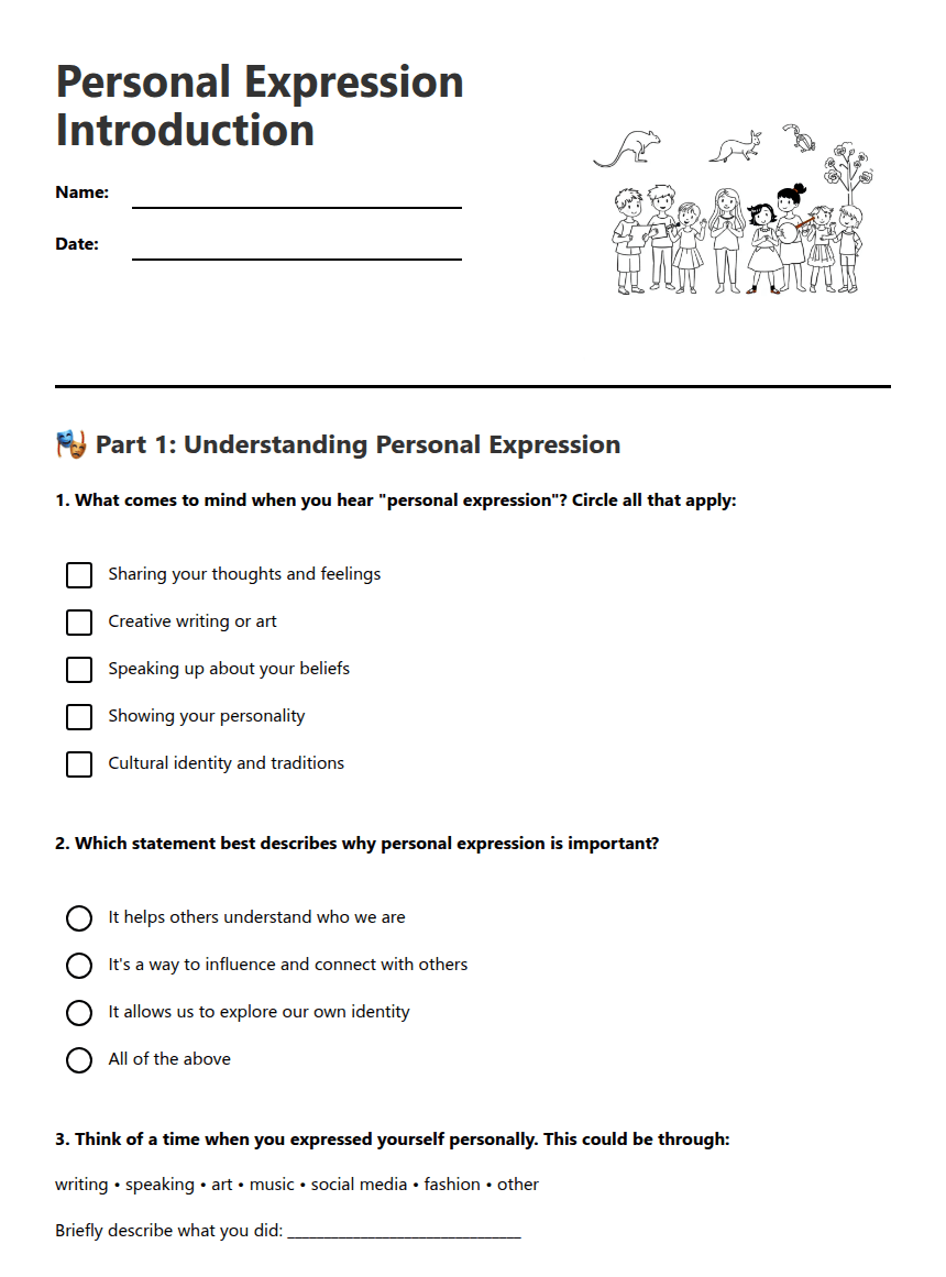 Personal Expression Introduction worksheet preview