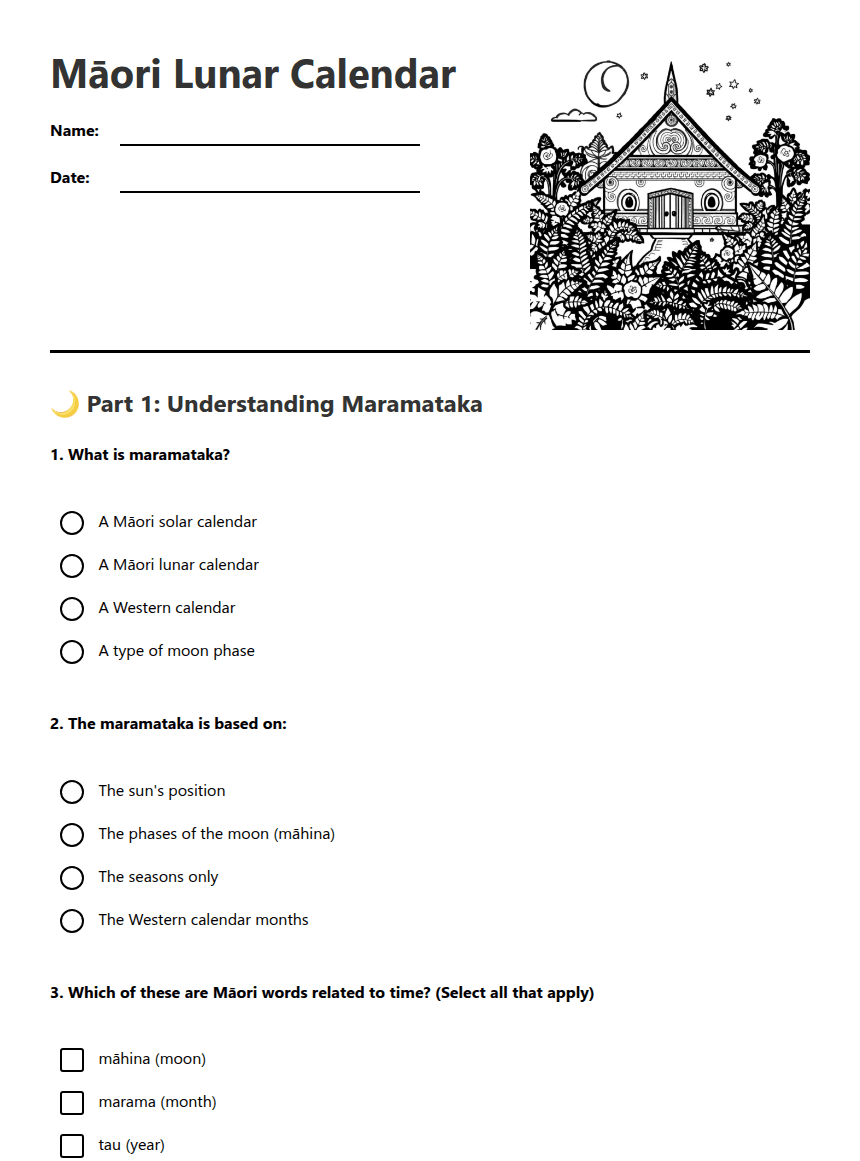 Māori Lunar Calendar worksheet preview