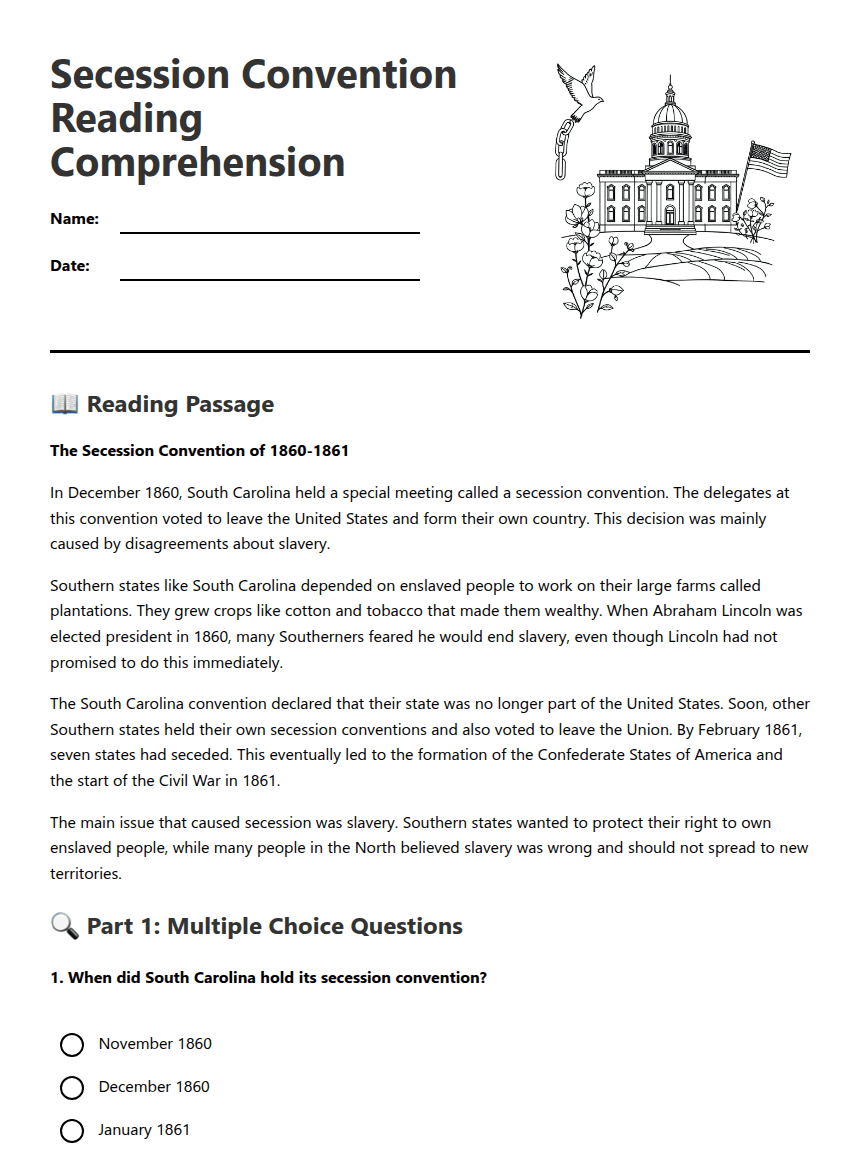 Secession Convention Reading Comprehension worksheet preview