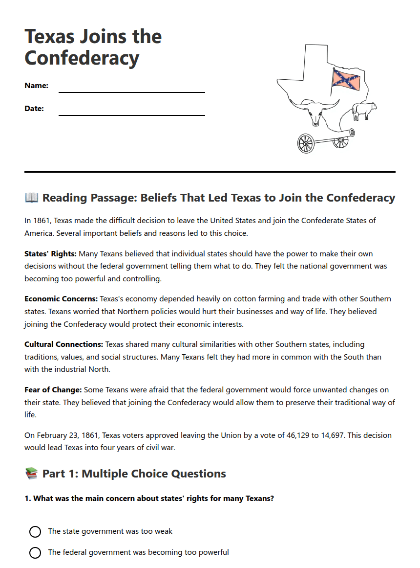Texas Joins the Confederacy worksheet preview
