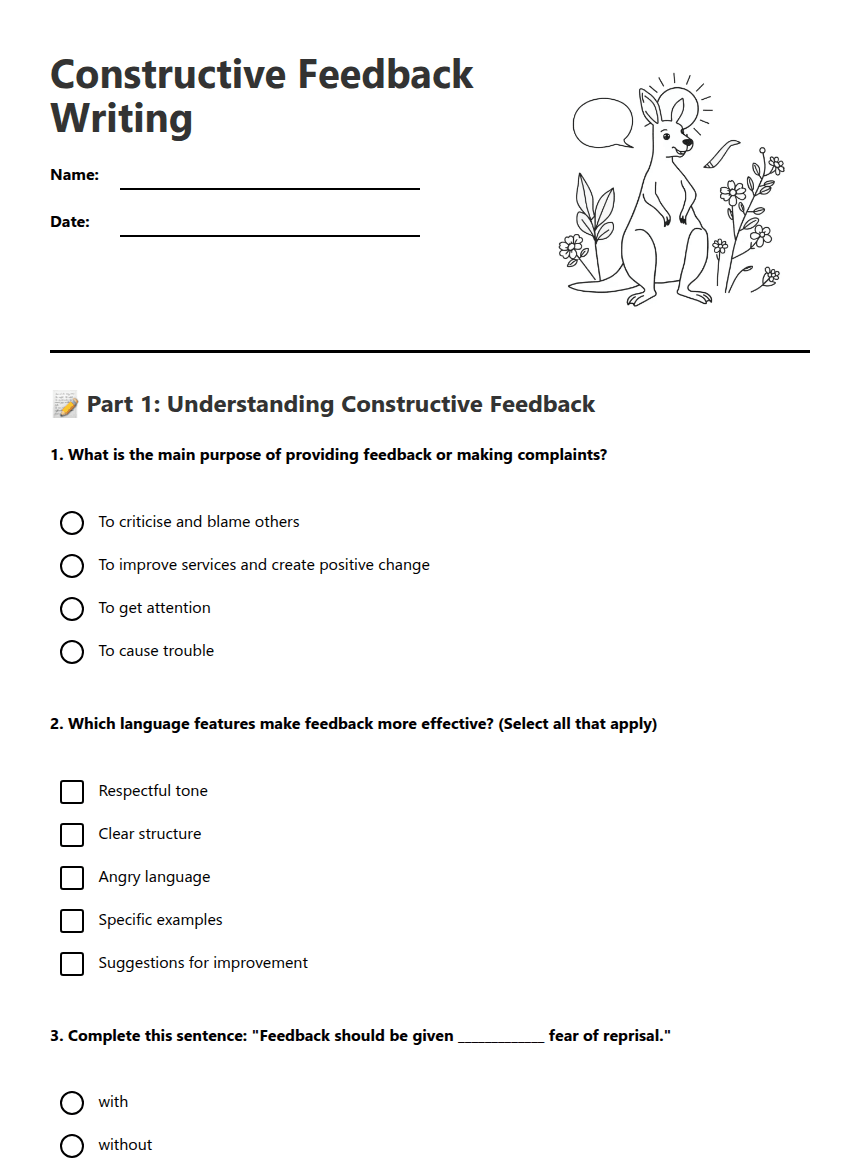 Constructive Feedback Writing worksheet preview