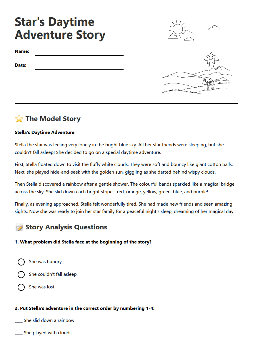 Star's Daytime Adventure Story worksheet preview