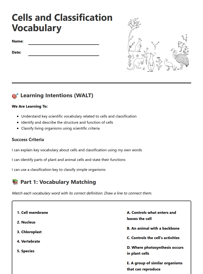 Cells and Classification Vocabulary worksheet preview