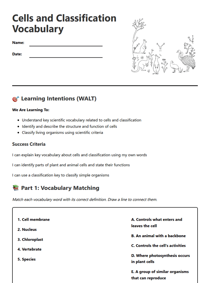 Cells and Classification Vocabulary