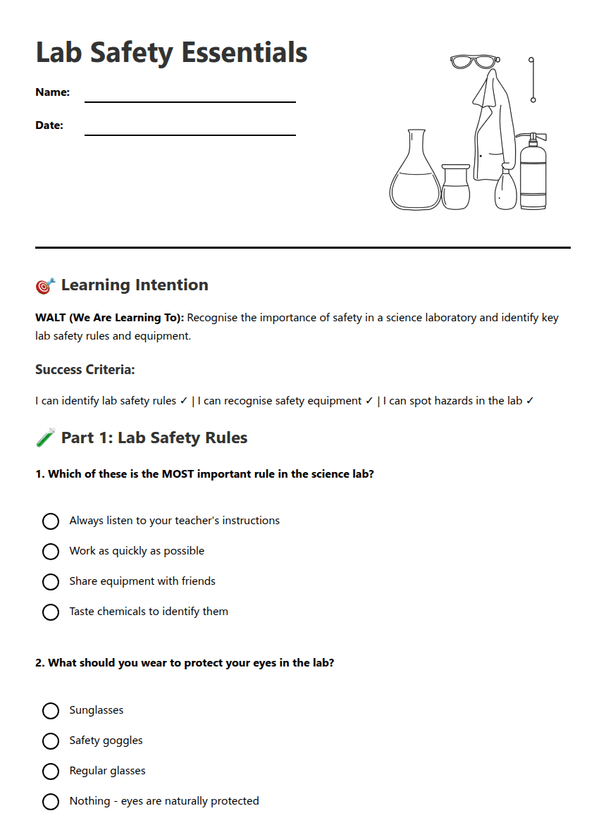 Lab Safety Essentials worksheet preview