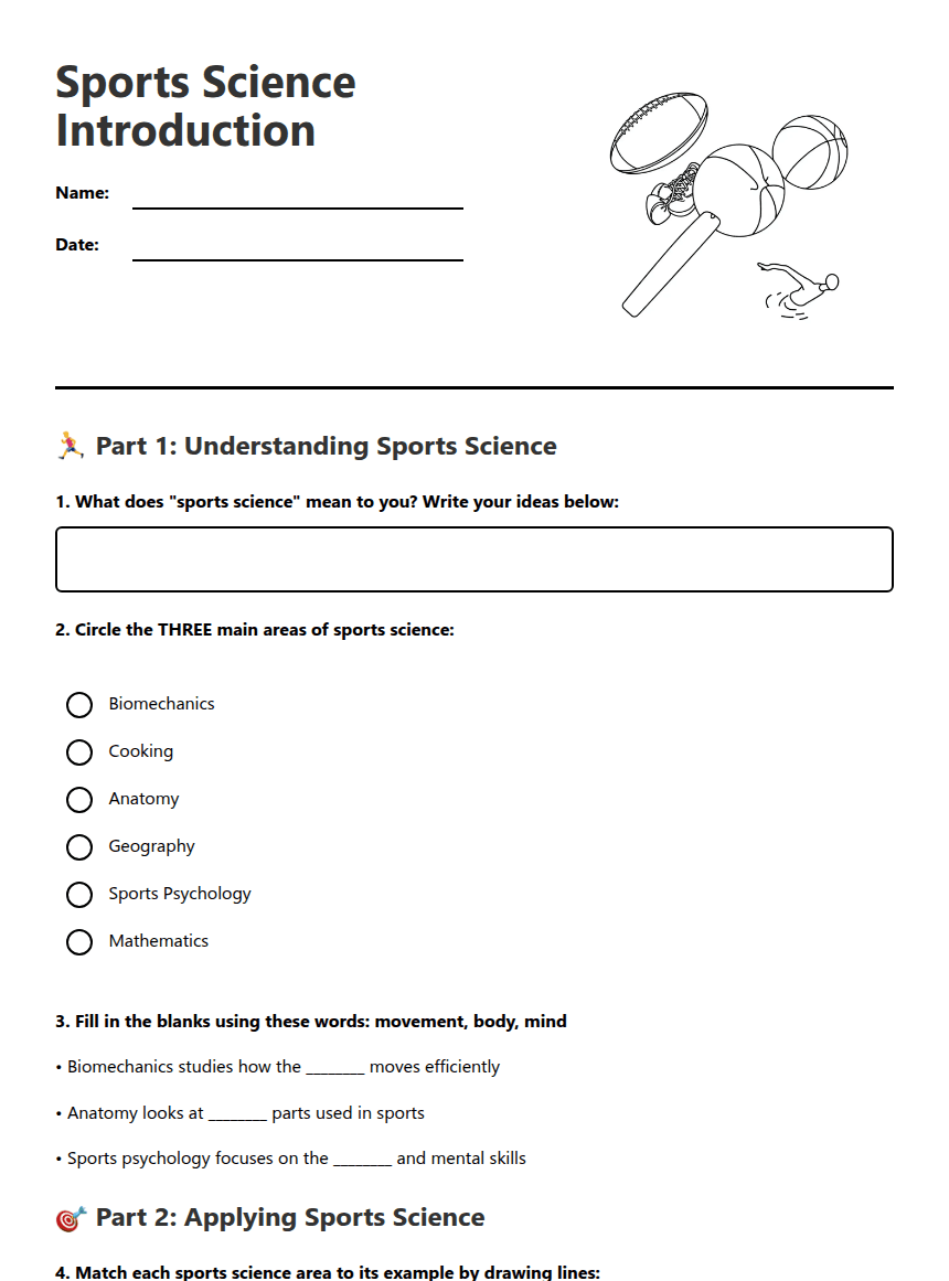 Sports Science Introduction worksheet preview