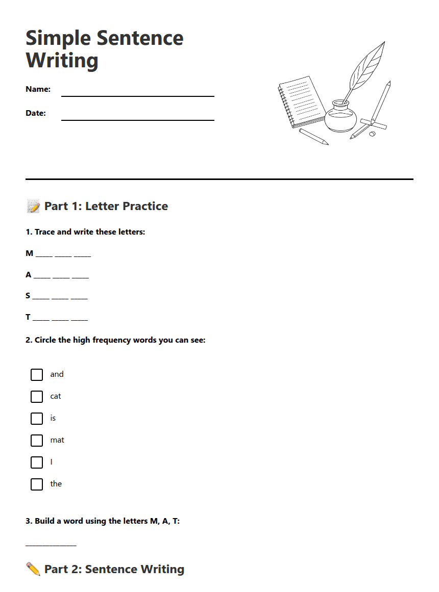 Simple Sentence Writing worksheet preview