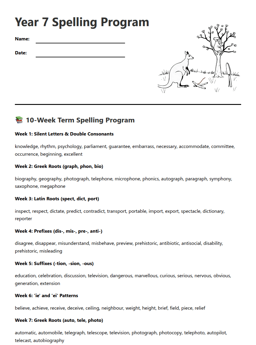 Year 7 Spelling Program worksheet preview