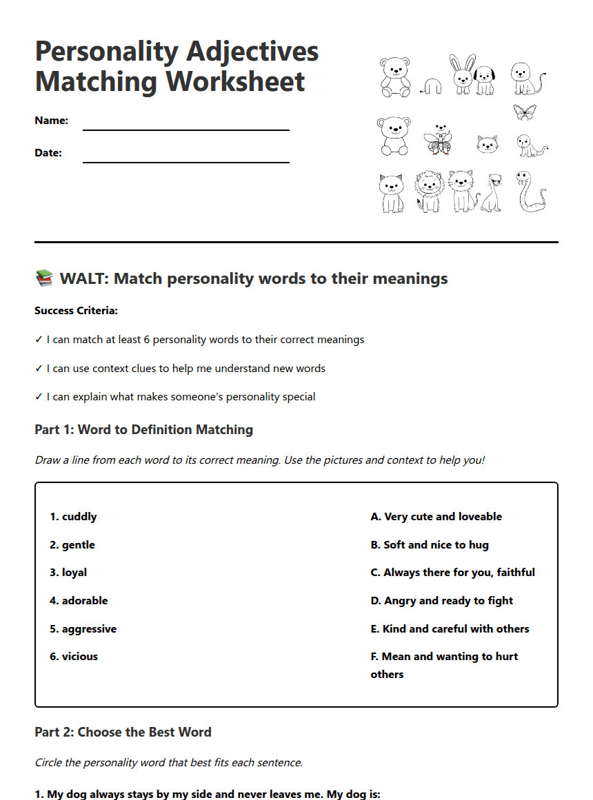 Personality Adjectives Matching Worksheet worksheet preview