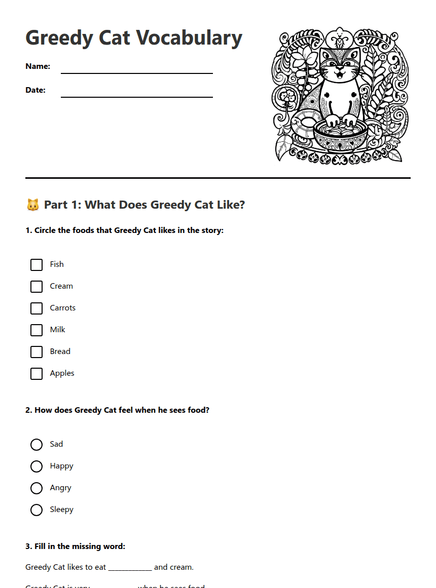Greedy Cat Vocabulary worksheet preview