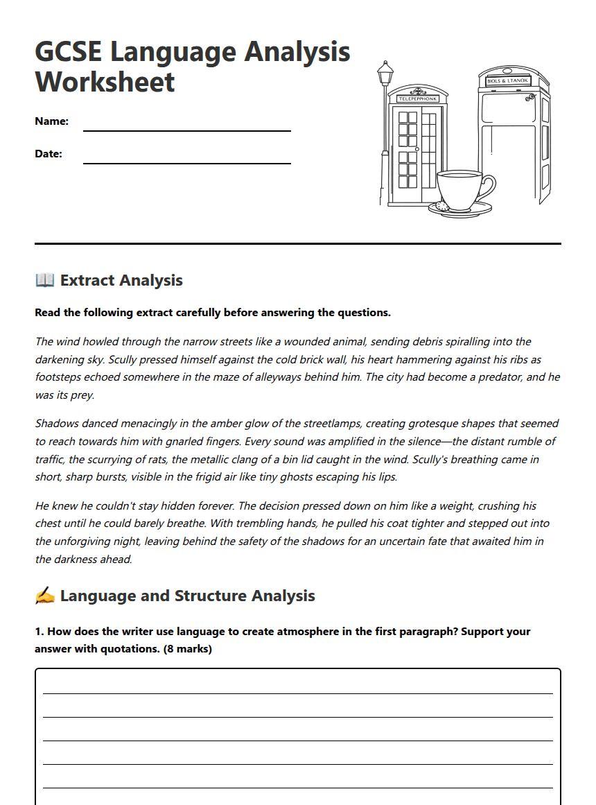 GCSE Language Analysis Worksheet worksheet preview