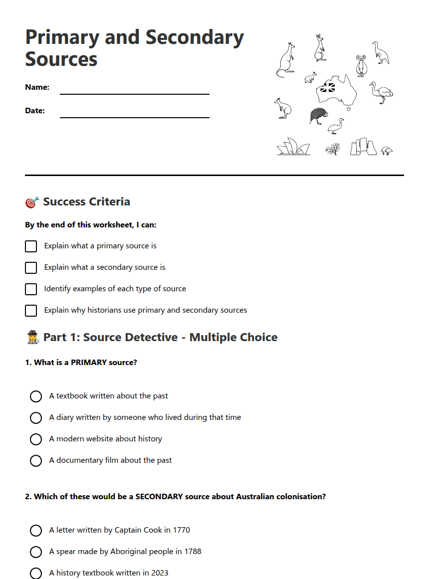 Primary and Secondary Sources worksheet preview
