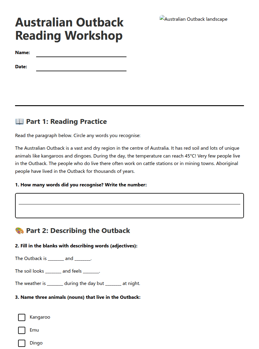 Australian Outback Reading Workshop worksheet preview