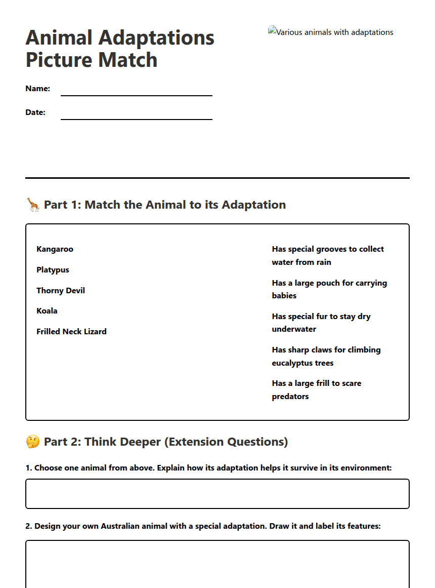 Animal Adaptations Picture Match worksheet preview