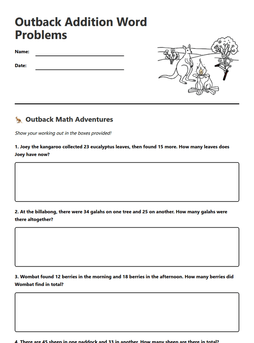 Outback Addition Word Problems