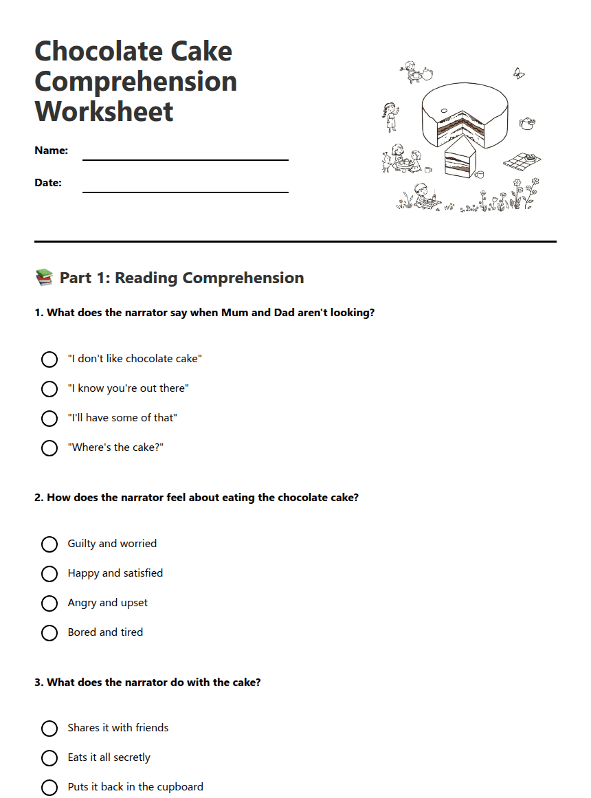 Chocolate Cake Comprehension Worksheet worksheet preview