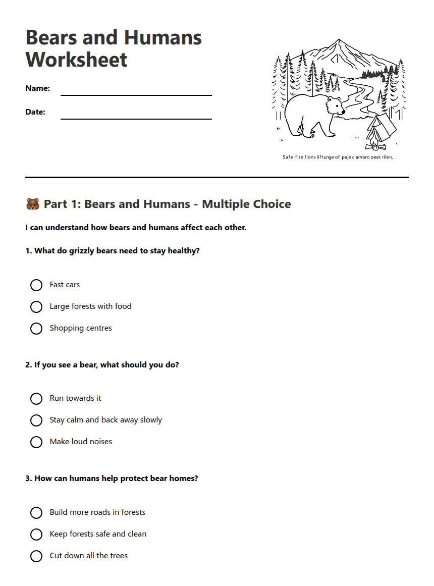 Bears and Humans Worksheet worksheet preview