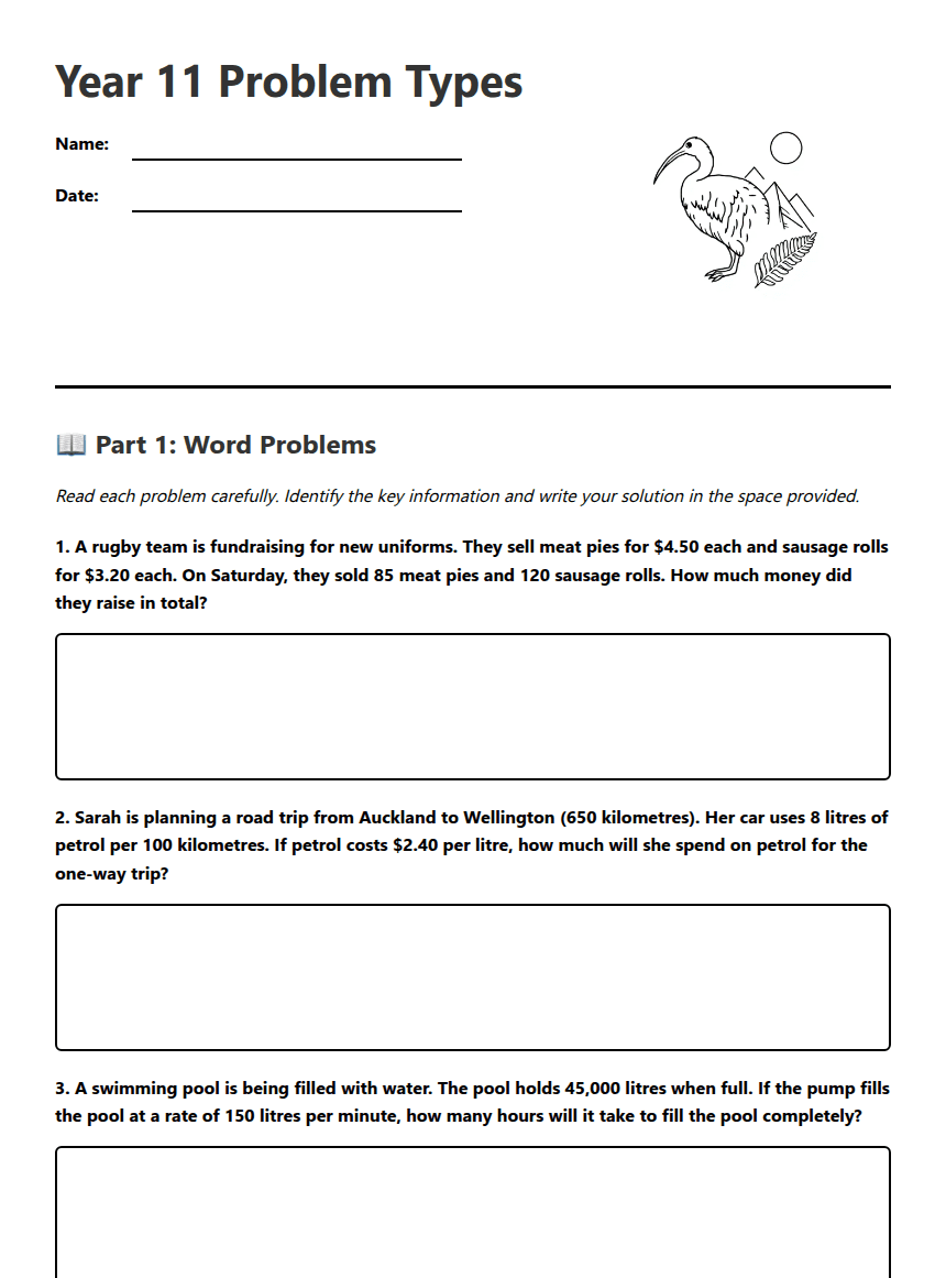 Year 11 Problem Types worksheet preview