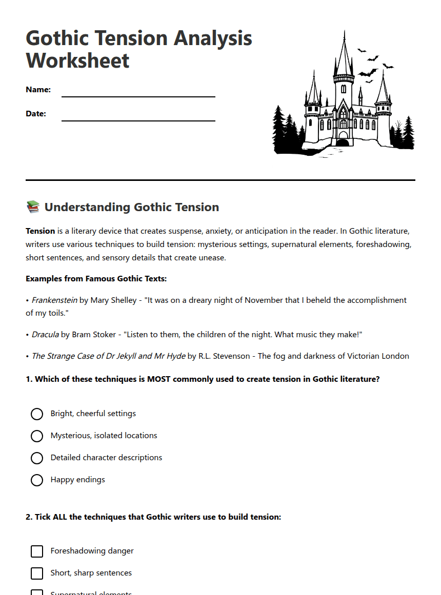 Gothic Tension Analysis Worksheet worksheet preview