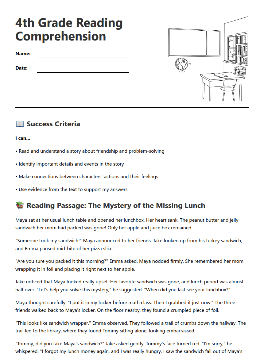 4th Grade Reading Comprehension worksheet preview