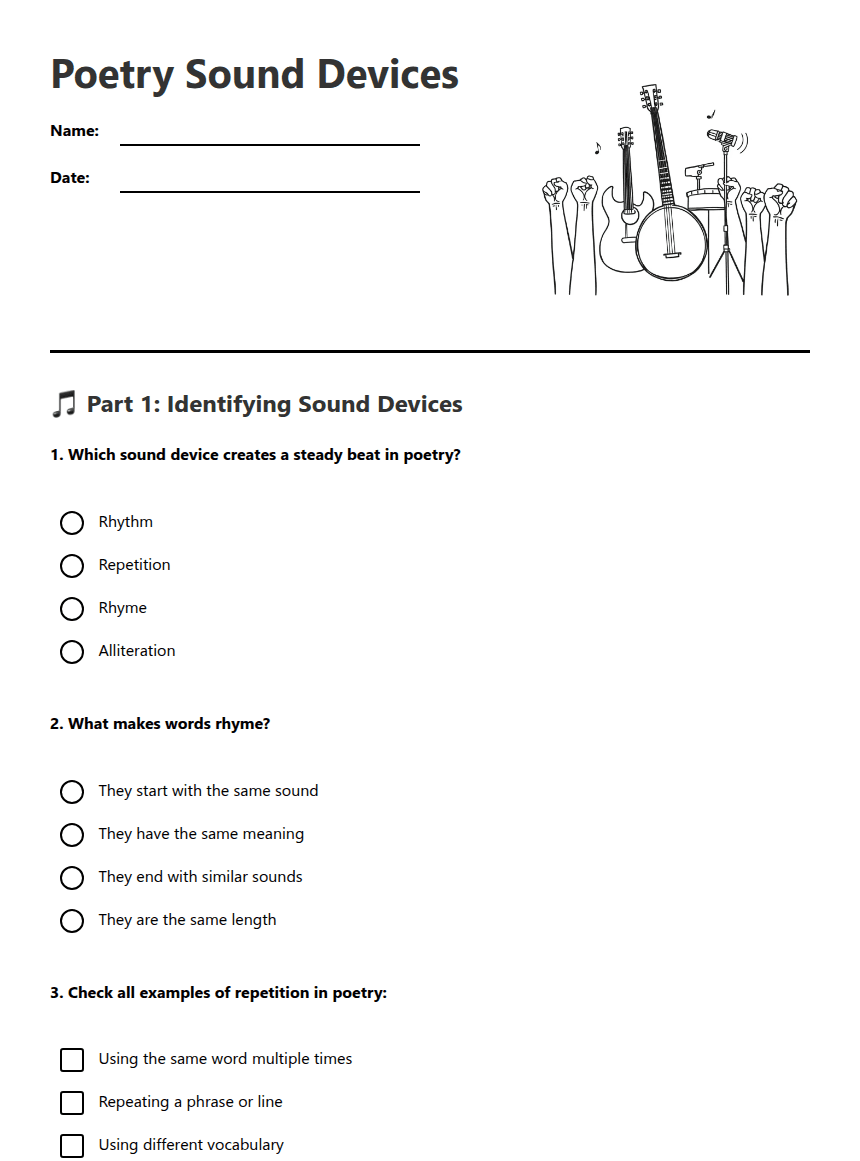 Poetry Sound Devices worksheet preview