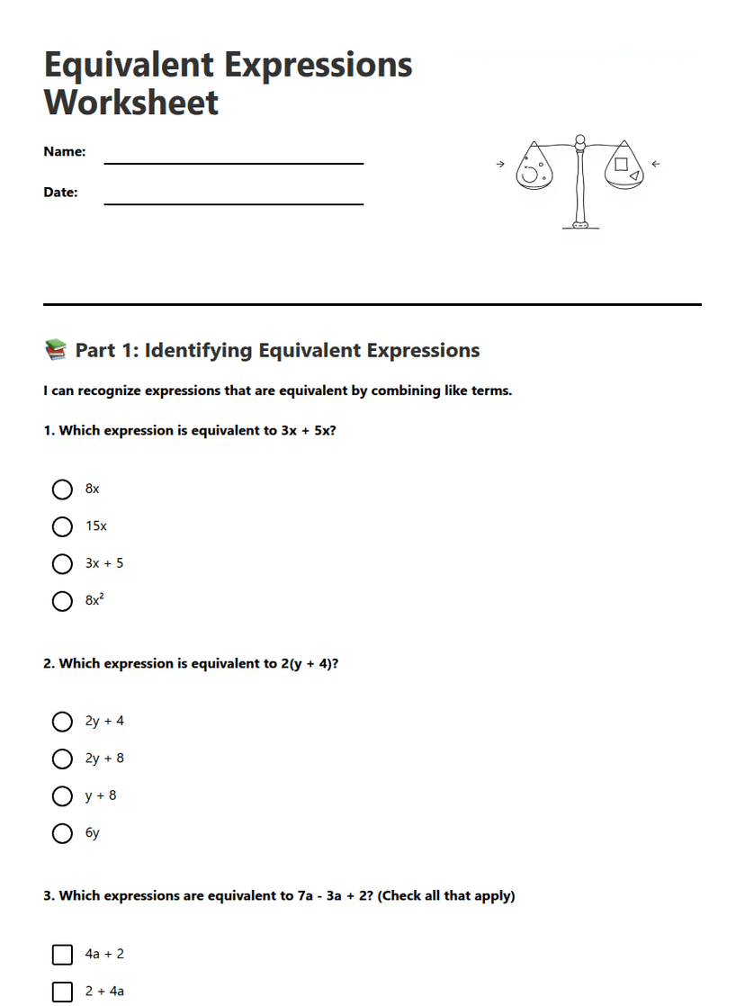 Equivalent Expressions Worksheet