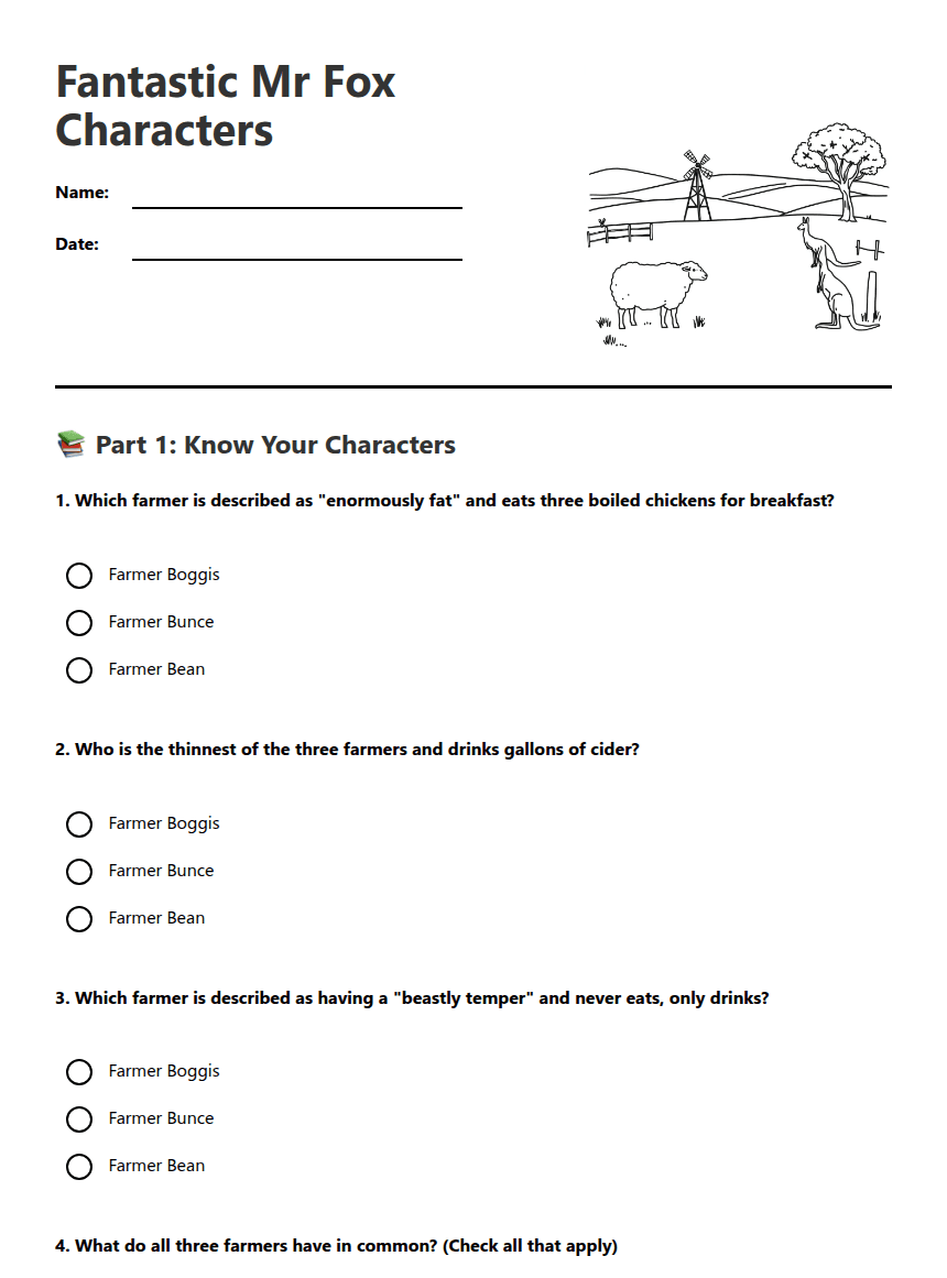 Fantastic Mr Fox Characters worksheet preview