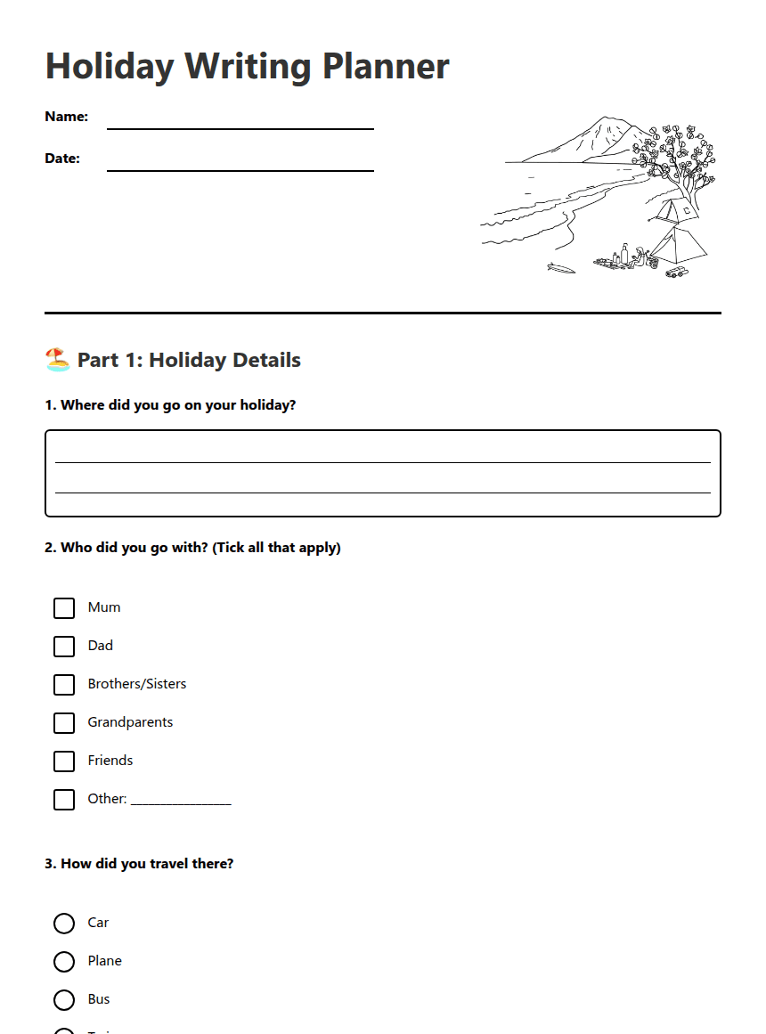 Holiday Writing Planner worksheet preview