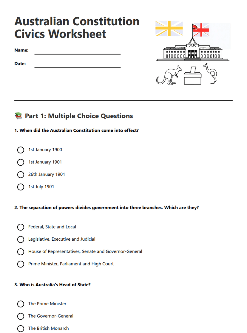 Australian Constitution Civics Worksheet