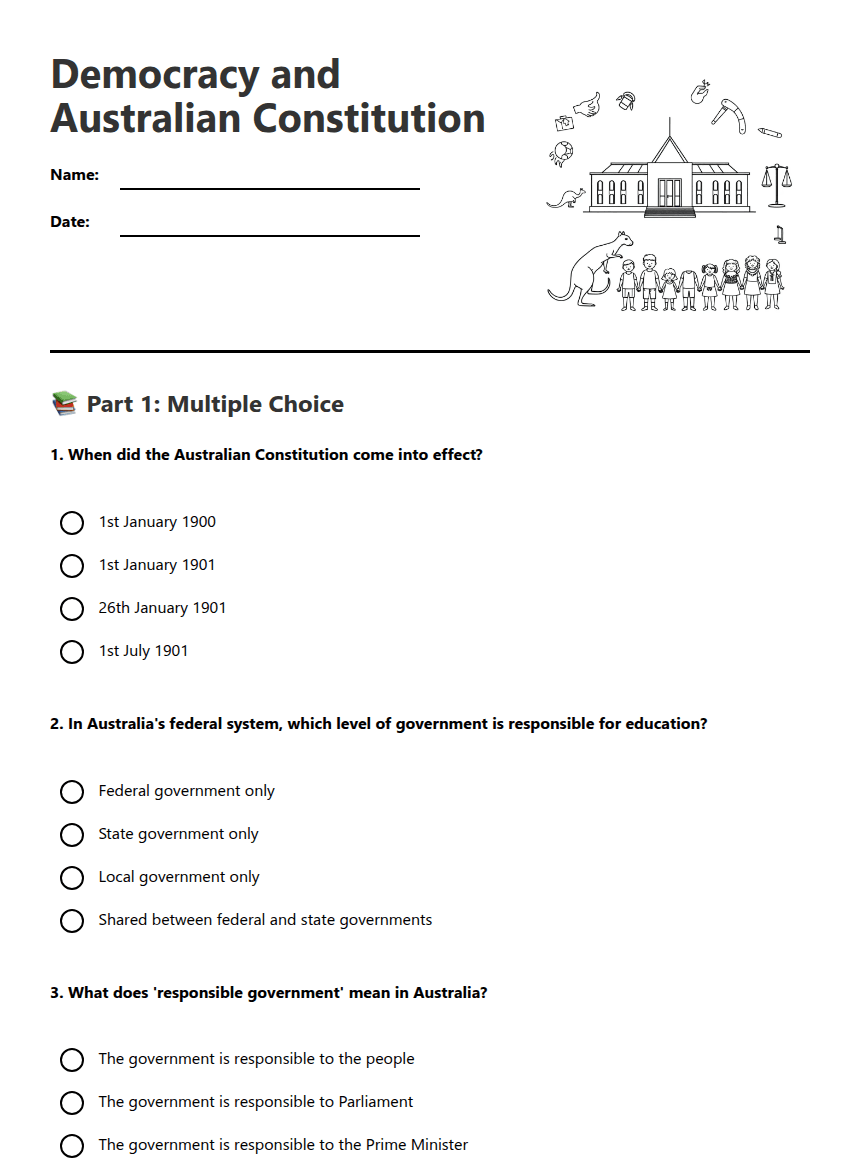 Democracy and Australian Constitution worksheet preview