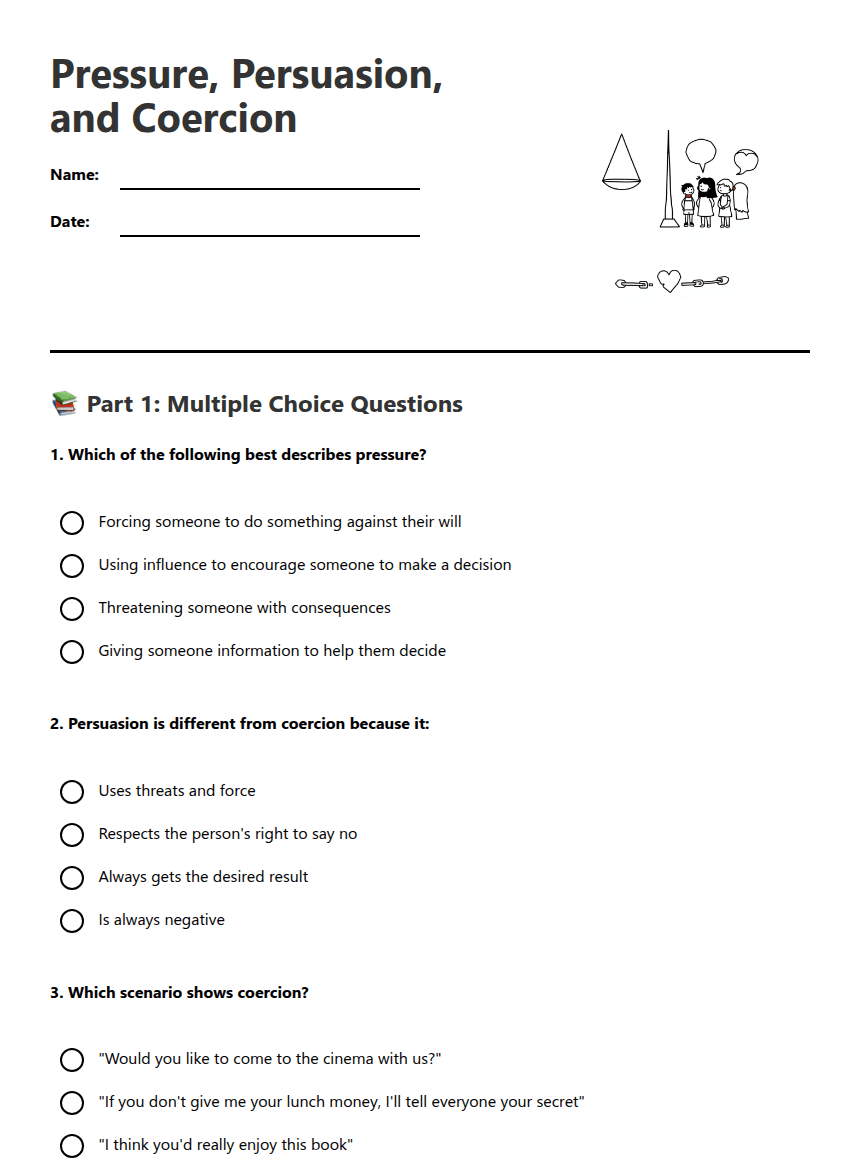Pressure, Persuasion, and Coercion worksheet preview