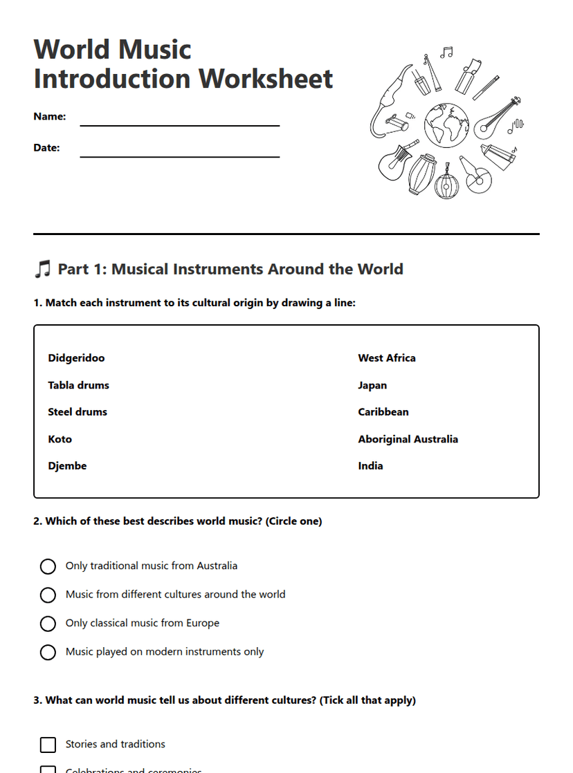 World Music Introduction Worksheet