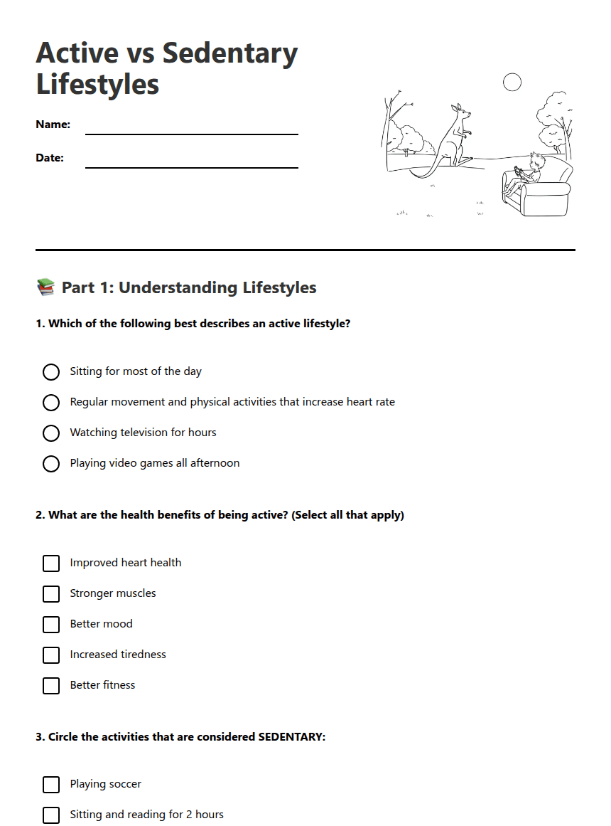 Active vs Sedentary Lifestyles worksheet preview