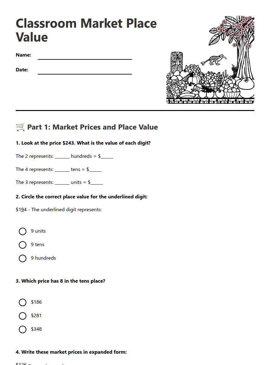 Classroom Market Place Value worksheet preview