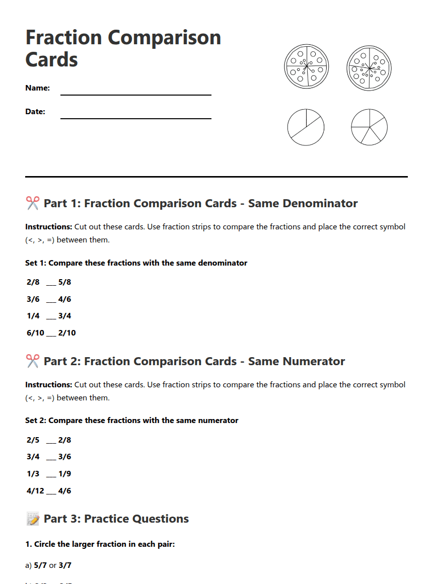 Fraction Comparison Cards worksheet preview