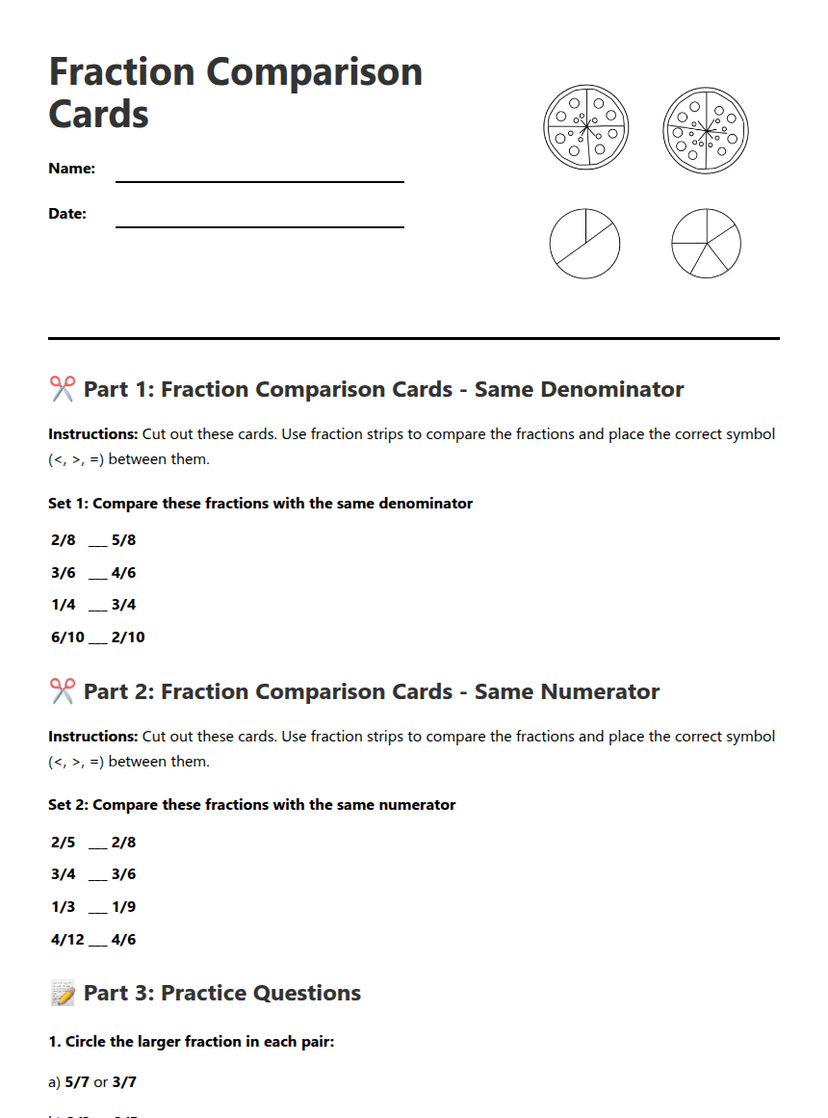 Fraction Comparison Cards