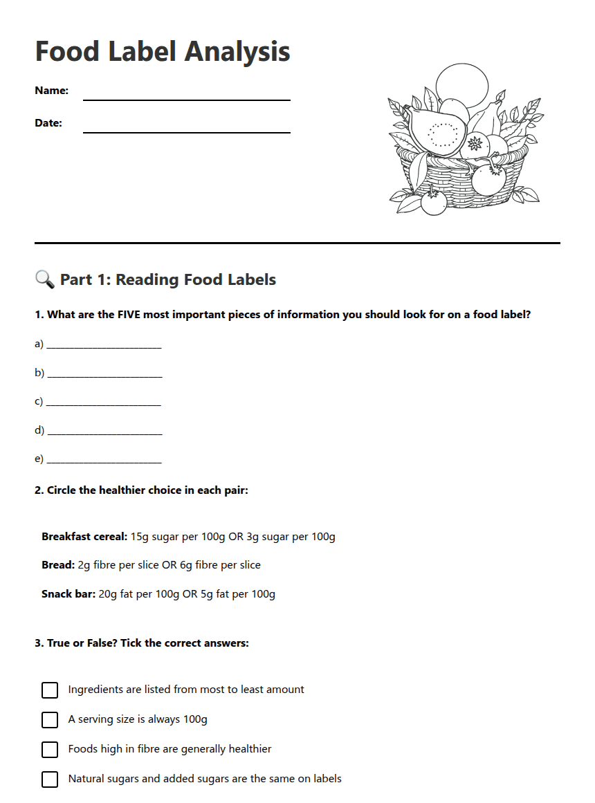 Food Label Analysis worksheet preview