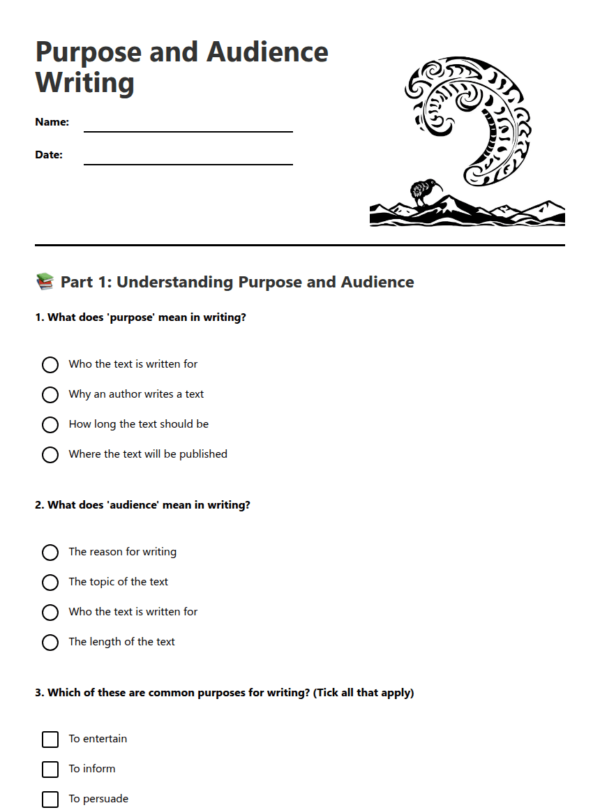 Purpose and Audience Writing worksheet preview