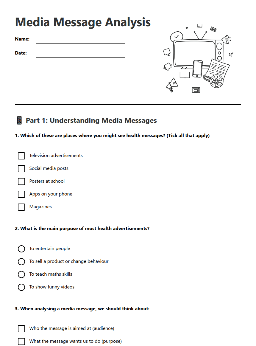 Media Message Analysis worksheet preview