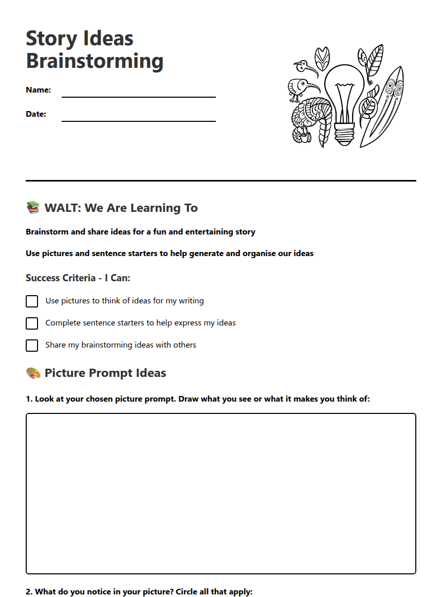 Story Ideas Brainstorming worksheet preview