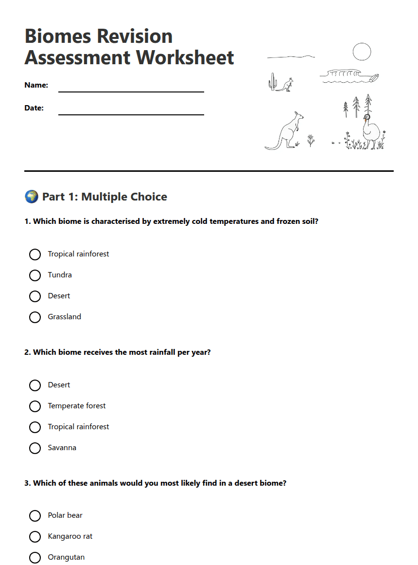 Biomes Revision Assessment Worksheet worksheet preview