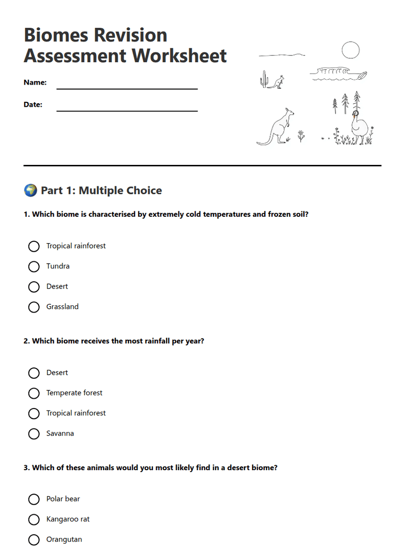 Biomes Revision Assessment Worksheet