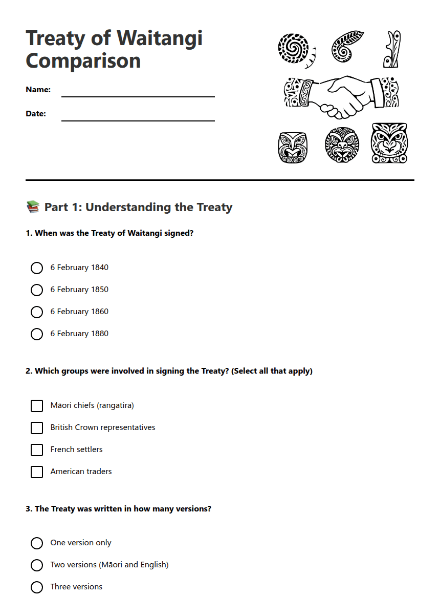 Treaty of Waitangi Comparison worksheet preview