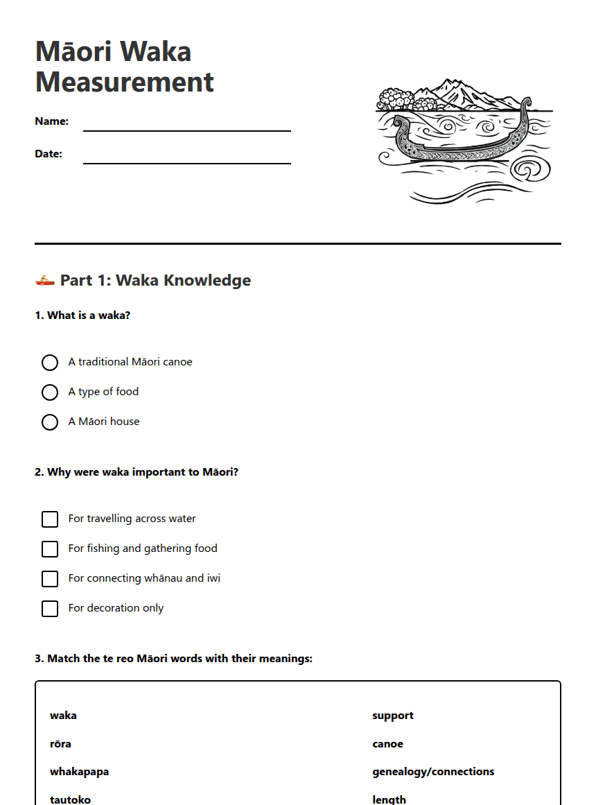 Māori Waka Measurement worksheet preview