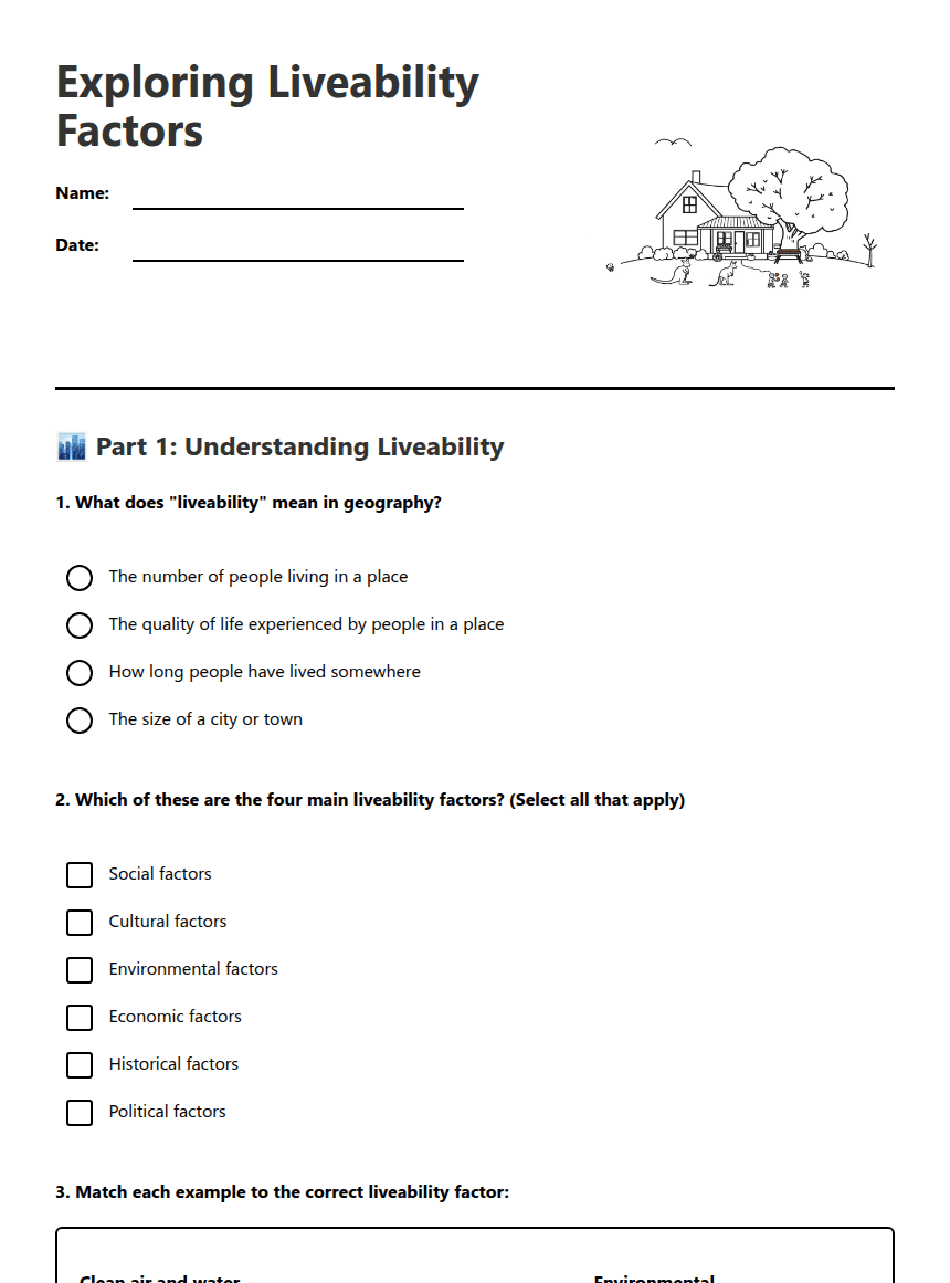 Exploring Liveability Factors worksheet preview