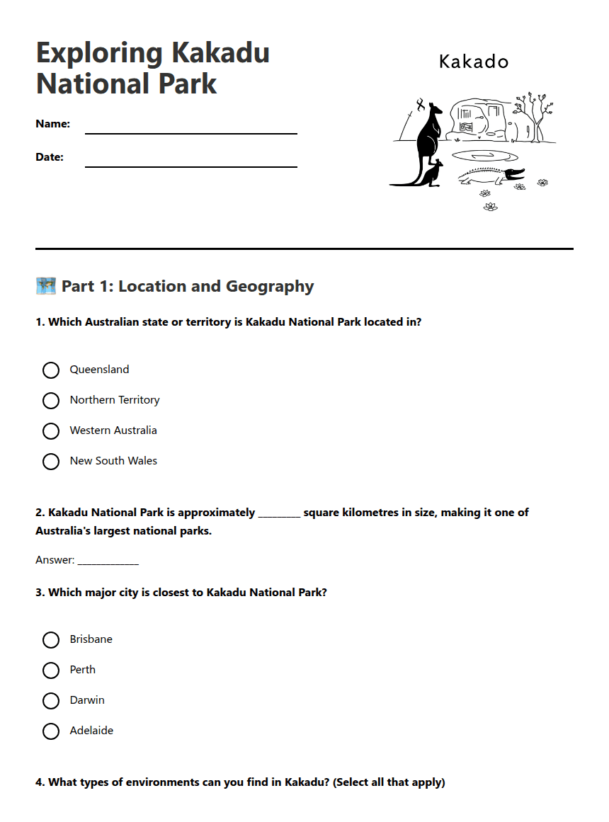 Exploring Kakadu National Park worksheet preview